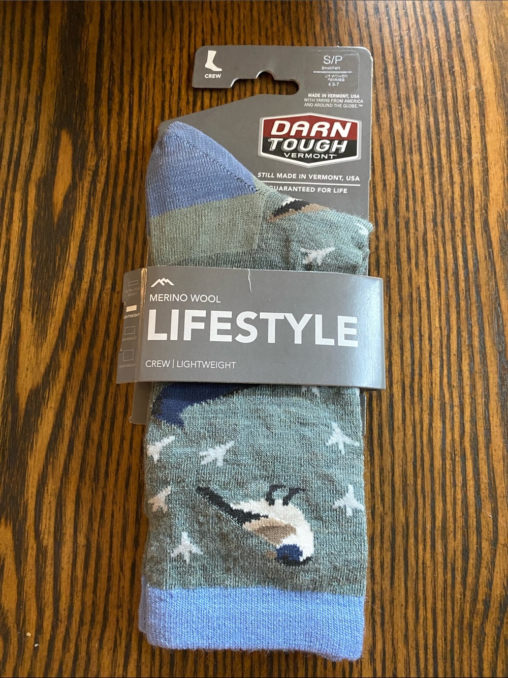 Darn Tough Women’s Merino Crew Socks - Blue/Gray Bird Pattern NWT